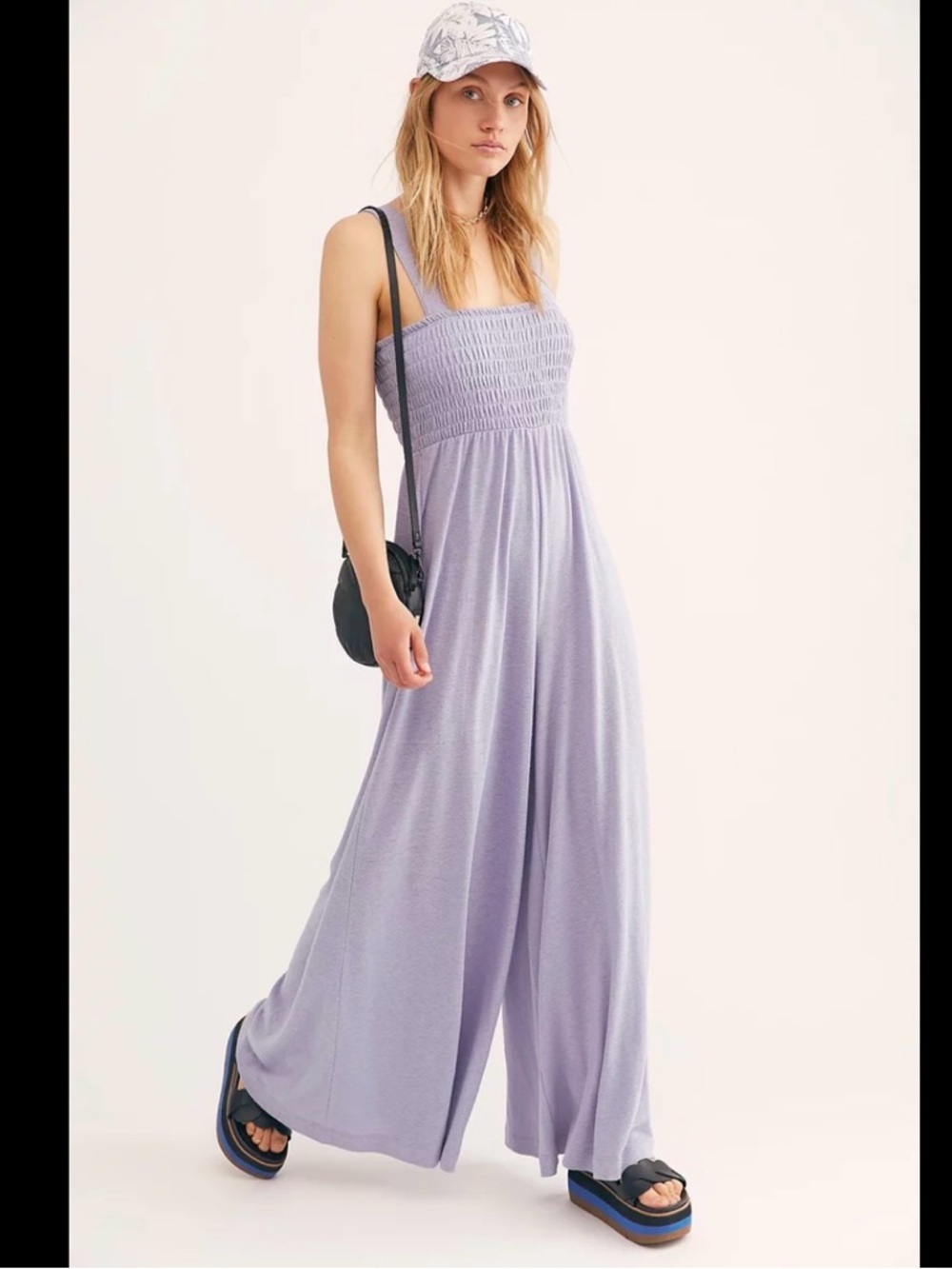 Free People Lavender Smocked Wide-Leg Jumpsuit